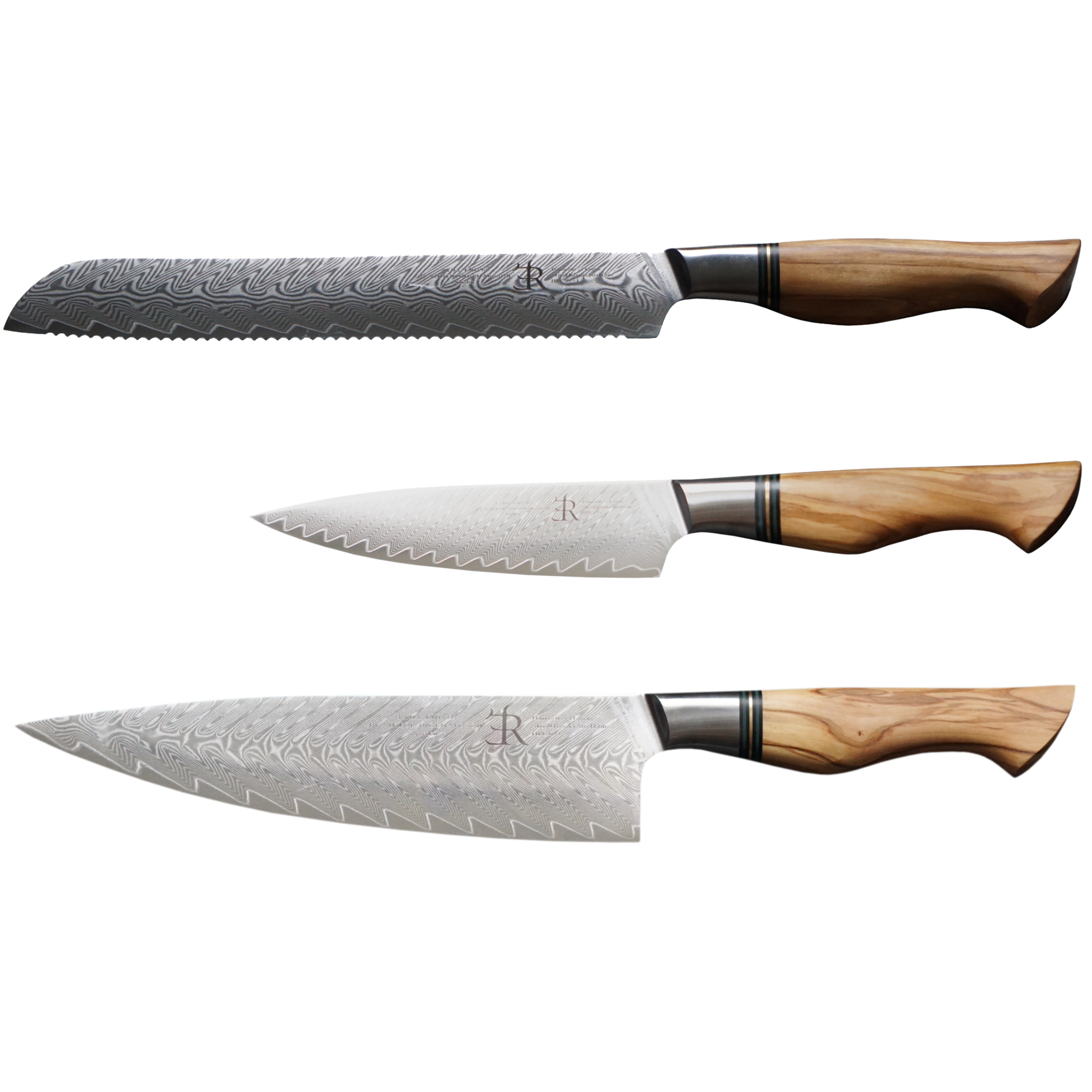 Küchenmesser der ST650 Serie "Luxury-Set" von Ryda Knives | 3 teiliges Messerset, Chefmesser, Brotmesser, Allzweckmesser, Damast