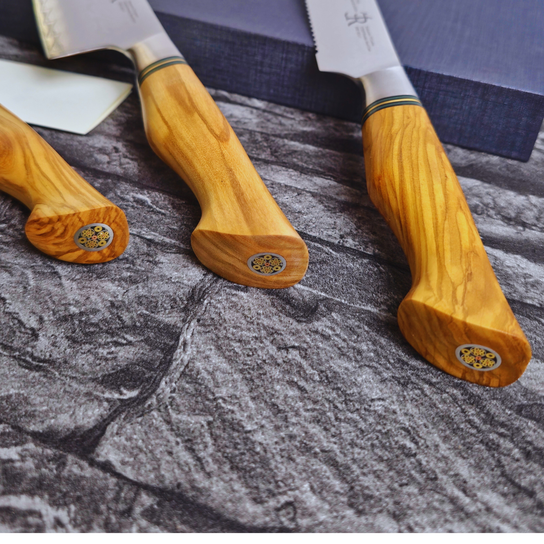 Küchenmesser der ST650 Serie "Luxury-Set" von Ryda Knives | 3 teiliges Messerset, Chefmesser, Brotmesser, Allzweckmesser, Damast