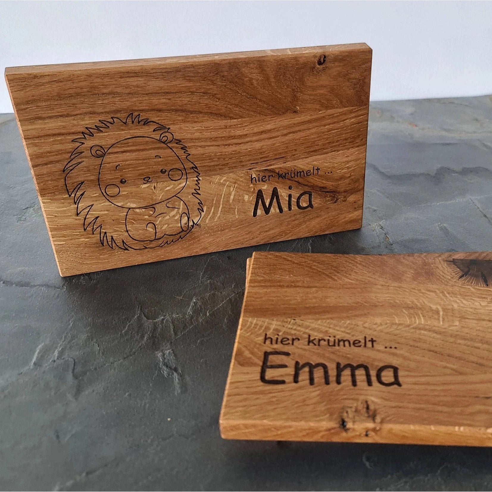 Brotzeitbrettchen Eiche Beispiel mit Lasergravur Frühstücksbrett aus Eichenholz